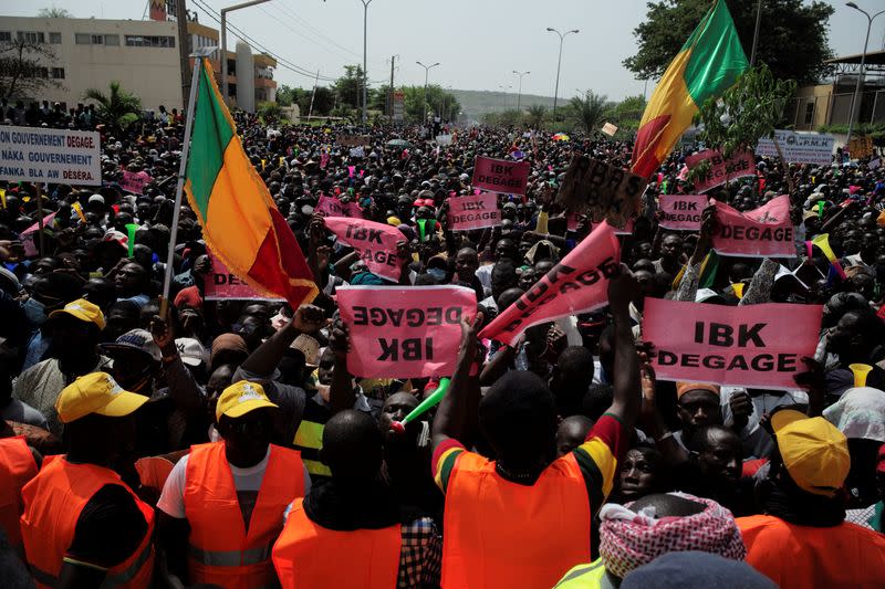 Supporters of the Imam Mahmoud Dicko attend a protest demanding the resignation of Mali's President Ibrahim Boubacar Keita at Independence Square in Bamako