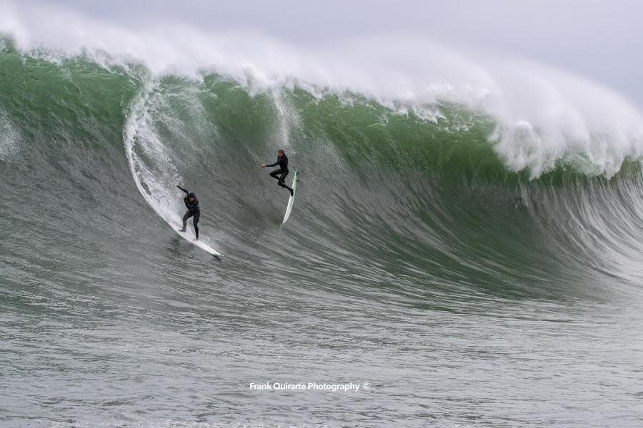 One surfer loses control of his board and braces for a wipeout on a giant wave Dec. 26, 2023. (Photo by Frank Quirarte Photography)