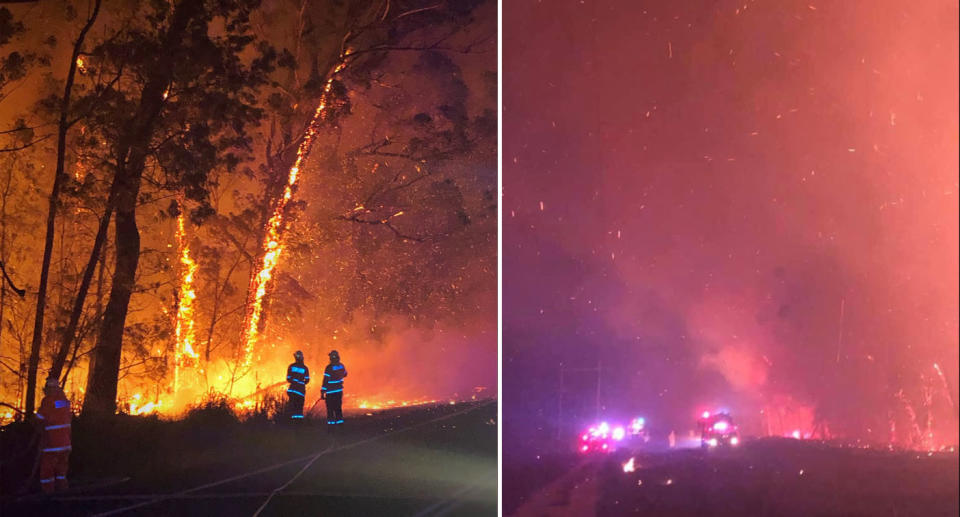 Pictured is two firefighters battling an intense fire at the roadside in Shoalhaven (left). Pictured is embers flying in the night's sky with emergency vehicles in the distance (right). 