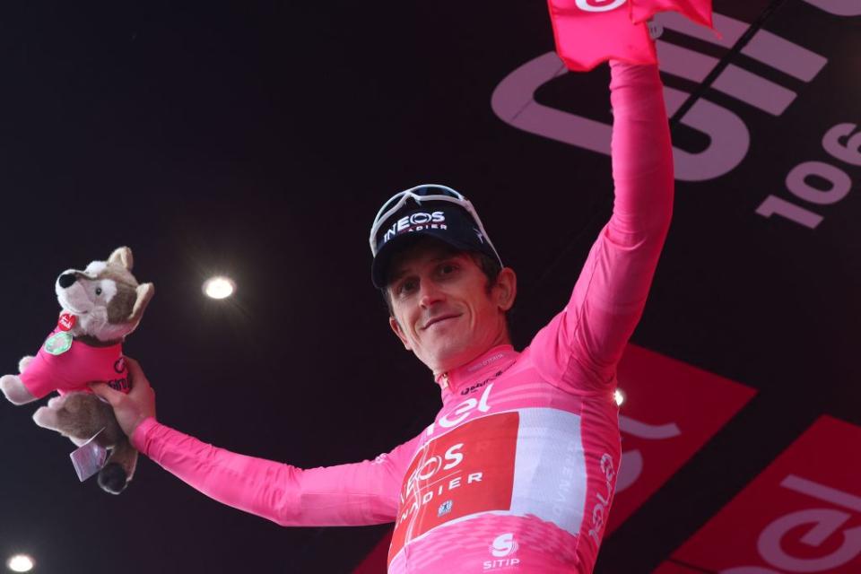 INEOS Grenadierss British rider Geraint Thomas celebrates his overall leaders pink jersey on the podium after the nineteenth stage of the Giro dItalia 2023 cycling race 183 km between Longarone and Tre Cime di Lavaredo rifugio Auronzo on May 26 2023 Photo by Luca Bettini  AFP Photo by LUCA BETTINIAFP via Getty Images