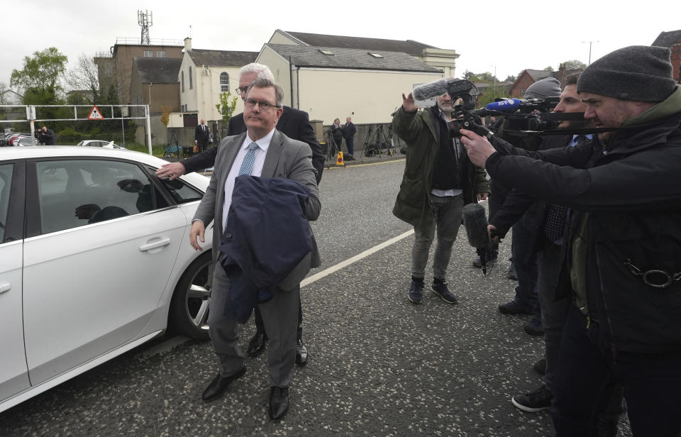 Former DUP leader Sir Jeffrey Donaldson arrives at Newry Magistrates' Court, where he is charged with several historical sexual offences, in Newry, Northern Ireland, Wednesday April 24, 2024. Sir Jeffrey resigned as DUP leader and was suspended from the party following the charges. (Niall Carson/PA via AP)