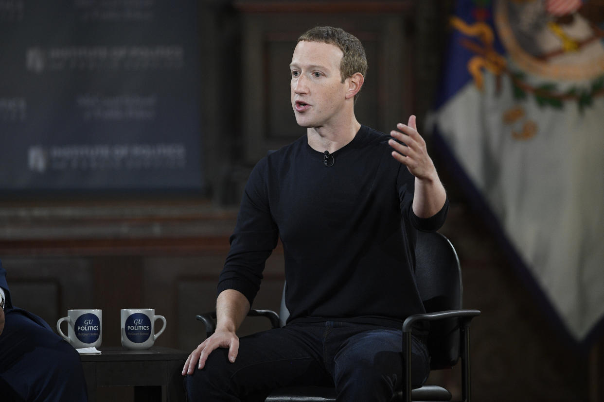 Facebook CEO Mark Zuckerberg speaks at Georgetown University, Thursday, Oct. 17, 2019, in Washington. (AP Photo/Nick Wass)