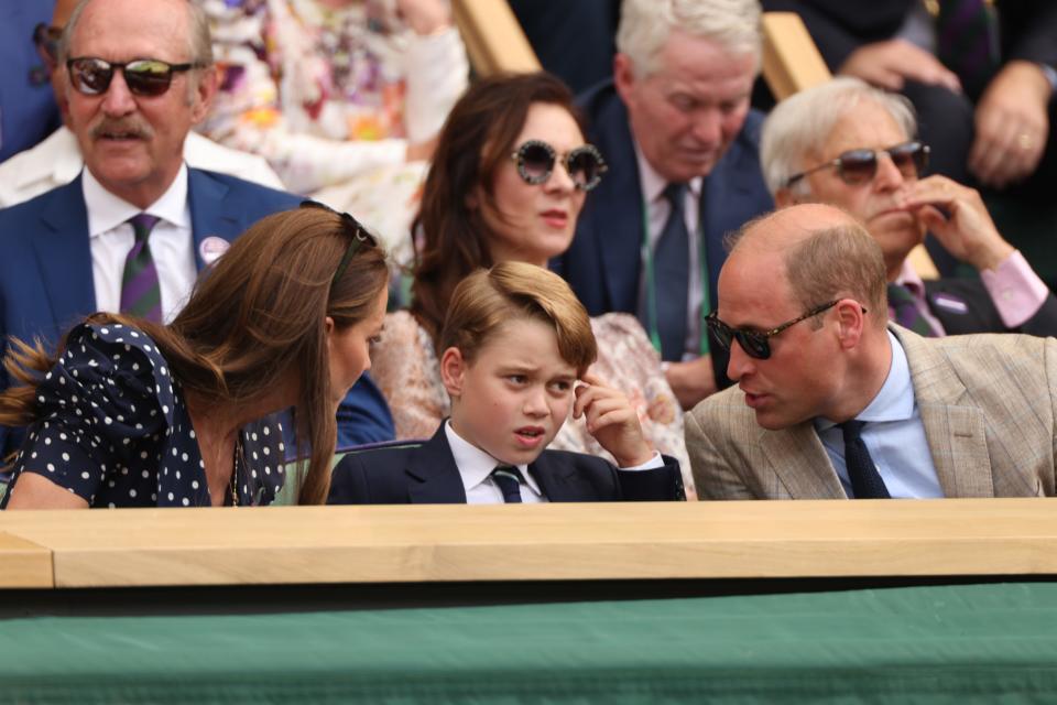 Duchess Kate, Prince George and Prince William watch the Wimbledon men's singles final between Novak Djokovic and Nick Kyrgios on July 10.