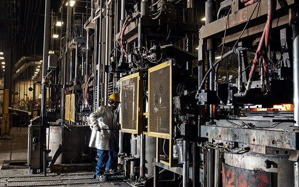 Low-pressure mold inside ATEK, recently acquired by Wisconsin Aluminum Foundry in Manitowoc.