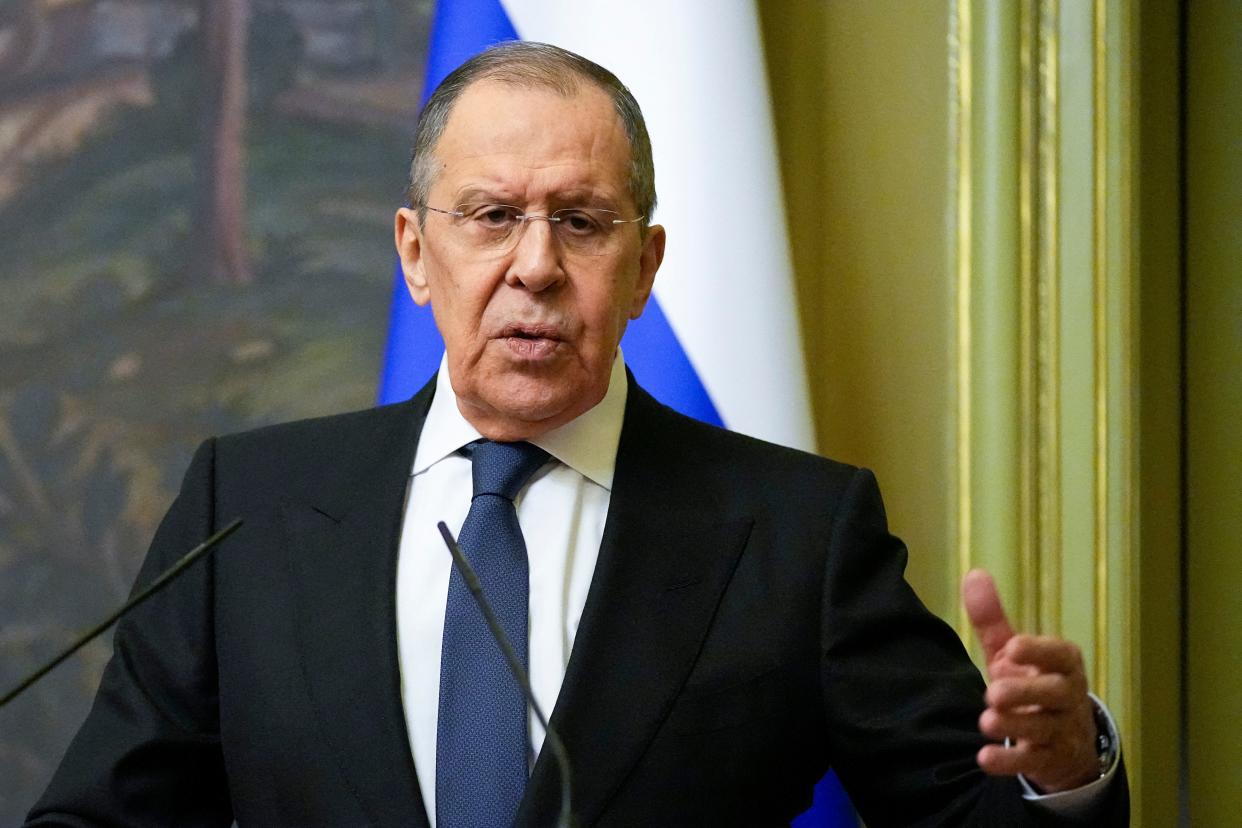 Russian Foreign Minister Sergei Lavrov gestures during a joint news conference following talks with his Armenian counterpart in Moscow, on April 8, 2022. (Photo by Alexander Zemlianichenko / POOL / AFP) (Photo by ALEXANDER ZEMLIANICHENKO/POOL/AFP via Getty Images)