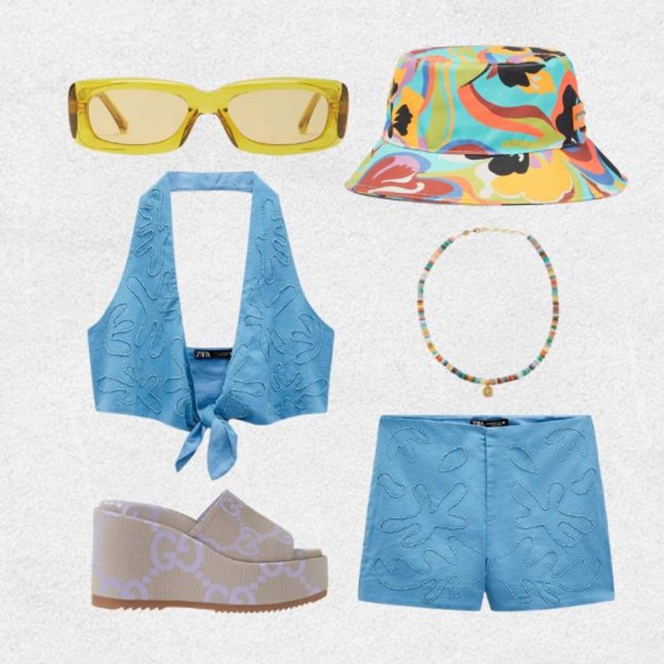 Beaded blue halter top and shorts co-ord styled with vibrant bucket hat, yellow sunglasses, necklace and monogram slides 