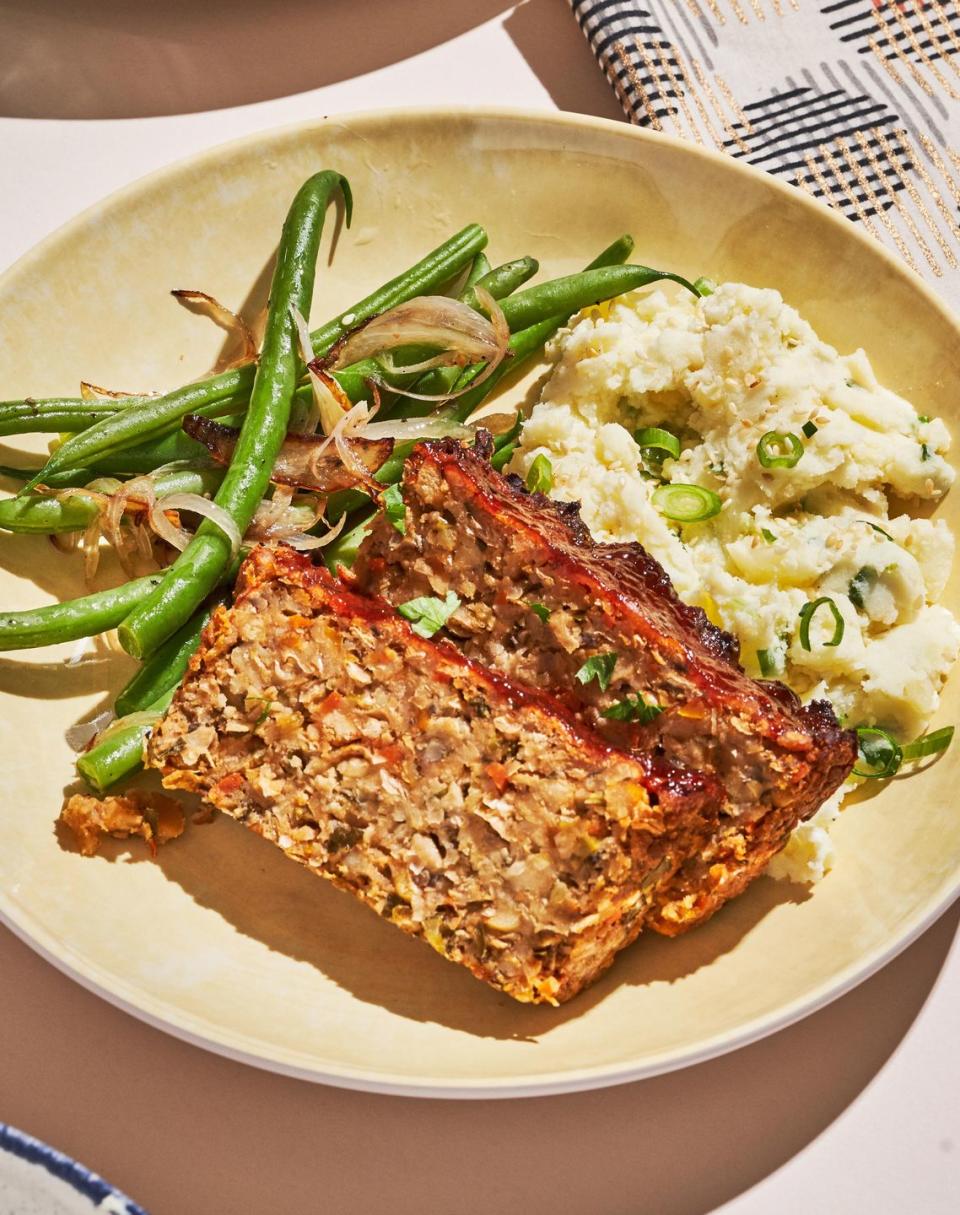 <p>This hearty "meat" loaf is made mostly out of <a href="https://www.delish.com/cooking/recipe-ideas/g40692357/chickpea-recipes/" rel="nofollow noopener" target="_blank" data-ylk="slk:chickpeas;elm:context_link;itc:0;sec:content-canvas" class="link ">chickpeas</a> and baby bella <a href="https://www.delish.com/cooking/g1915/mushroom-recipes/" rel="nofollow noopener" target="_blank" data-ylk="slk:mushrooms;elm:context_link;itc:0;sec:content-canvas" class="link ">mushrooms</a>. We're in love! Serve it with a side of <a href="https://www.delish.com/holiday-recipes/thanksgiving/a22657761/best-vegan-mashed-potatoes-recipe/" rel="nofollow noopener" target="_blank" data-ylk="slk:vegan mashed potatoes;elm:context_link;itc:0;sec:content-canvas" class="link ">vegan mashed potatoes</a> and <a href="https://www.delish.com/cooking/a23089260/how-to-cook-green-beans/" rel="nofollow noopener" target="_blank" data-ylk="slk:green beans;elm:context_link;itc:0;sec:content-canvas" class="link ">green beans</a> for the most comforting meal.</p><p>Get the <strong><a href="https://www.delish.com/cooking/a26963648/vegan-meatloaf-recipe/" rel="nofollow noopener" target="_blank" data-ylk="slk:Vegan Meatloaf recipe;elm:context_link;itc:0;sec:content-canvas" class="link ">Vegan Meatloaf recipe</a></strong>.</p>