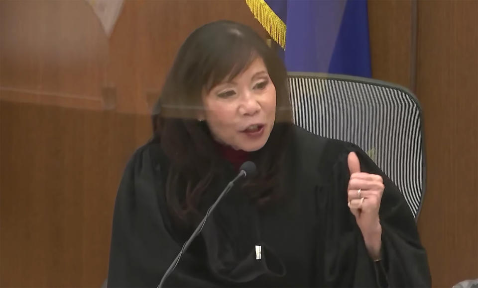 CORRECTS YEAR OF INCIDENT TO 2021 NOT 2020 In this screen grab from video, Hennepin County Judge Regina Chu presides over jury selection Tuesday, Nov. 30, 2021, in the trial of former Brooklyn Center police Officer Kim Potter in the April 11, 2021, death of Daunte Wright, at the Hennepin County Courthouse in Minneapolis, Minn. (Court TV via AP, Pool)