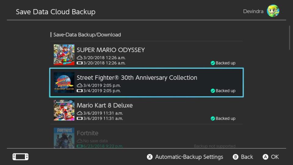 Switch Online game save backups