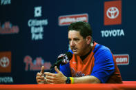 Philadelphia Phillies manager Rob Thomson speaks with members of the media during a baseball news conference, Thursday, Oct. 13, 2022, in Philadelphia, ahead of Game 3 of a National League Division Series against the Atlanta Braves. (AP Photo/Matt Rourke)