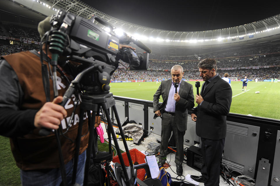 South African mission:: Jim Rosenthal and Andy Townsend present the ITV Sport World Cup show from pitchside