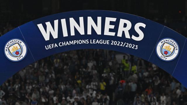 The winner's trophy is seen on a plinth at the side of the pitch News  Photo - Getty Images