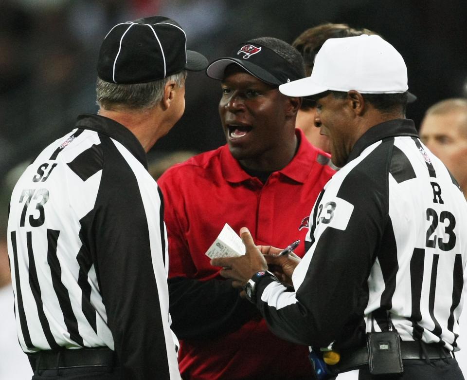 LONDON, ENGLAND - OCTOBER 25:  Raheem Morris head coach of Tampa Bay Buccaneers during the NFL International Series match between New England Patriots and Tampa Bay Buccaneers at Wembley Stadium on October 25, 2009 in London, England. This is the third occasion where a regular season NFL match has been played in London.  (Photo by Elsa/Getty Images)