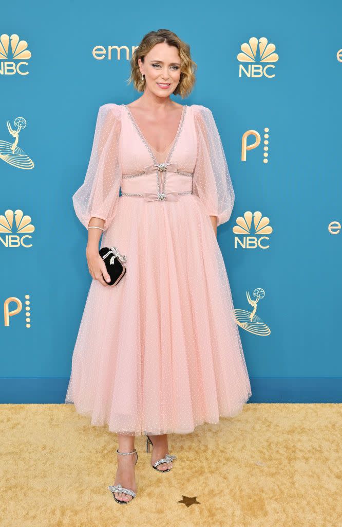 <p>Keeley Hawes looked pretty in pink in a Jenny Packham gown at the Emmys 2022. </p>