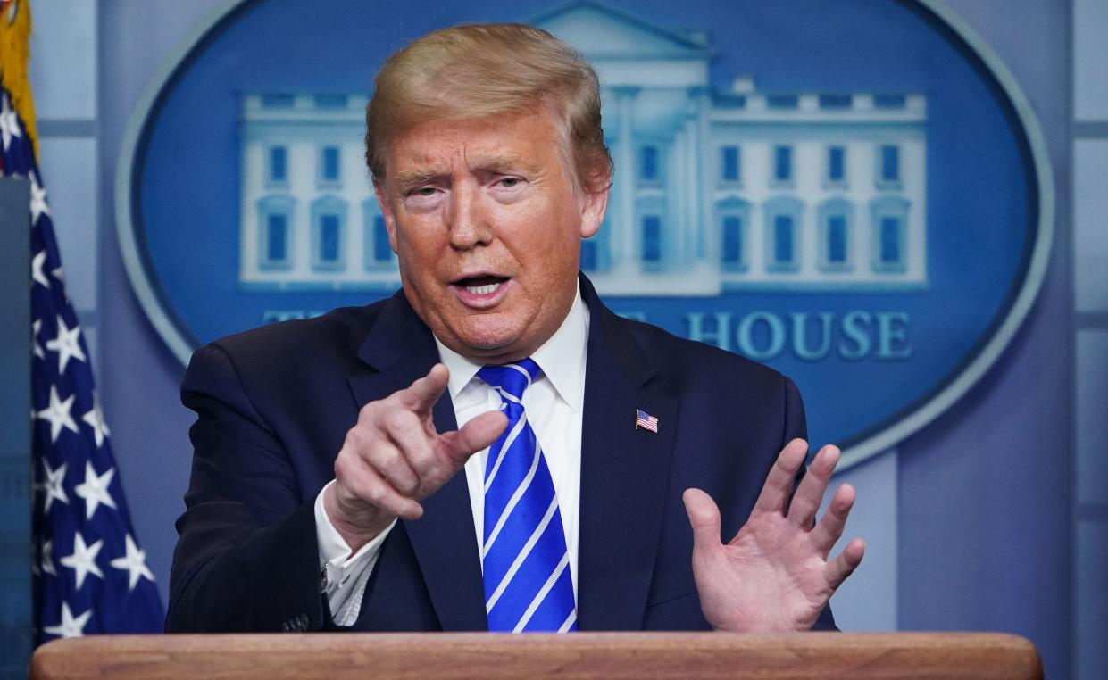 US President Donald Trump speaks during the daily briefing on the novel coronavirus, which causes COVID-19, in the Brady Briefing Room of the White House on April 23, 2020, in Washington, DC. (Photo by MANDEL NGAN / AFP) (Photo by MANDEL NGAN/AFP via Getty Images)