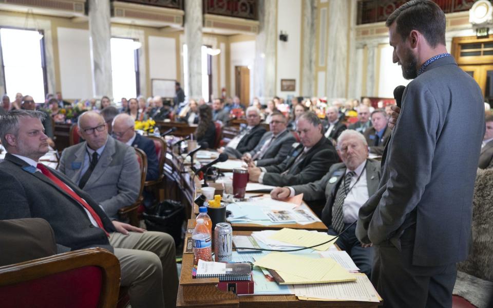 Montana legislators convene about a motion to censure Zooey Zephyr on April 26, 2023. Tommy Martino/AP