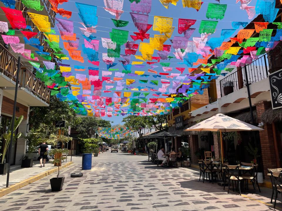 Colorful streamers over a street in Puerto Vallarta, Mexico.