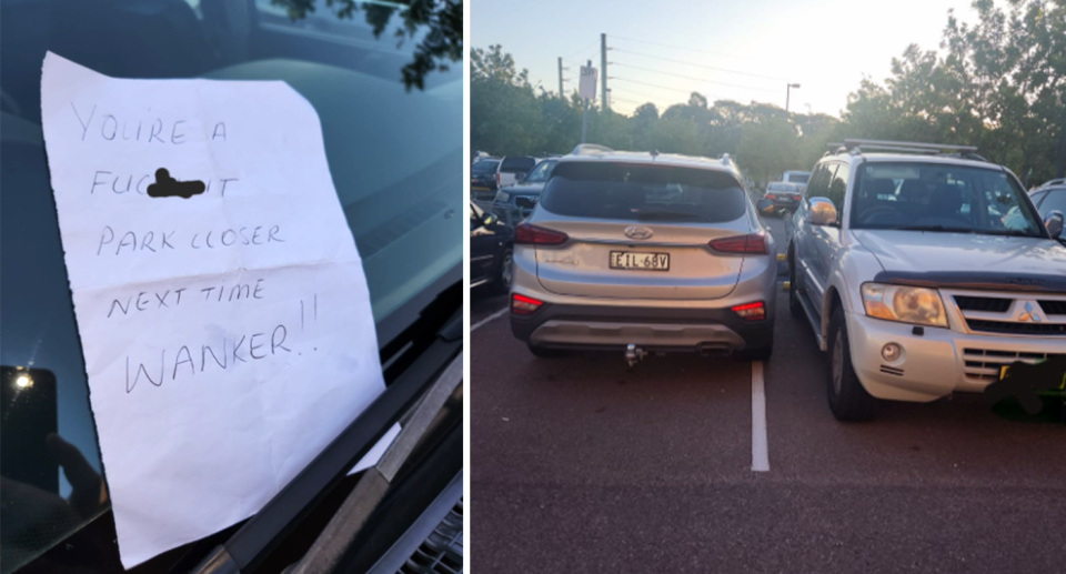 A handwritten note on the windscreen of a Mitsubishi driver, beside an image of the two cars parked beside each other. The Hyundai has crossed the white line. 