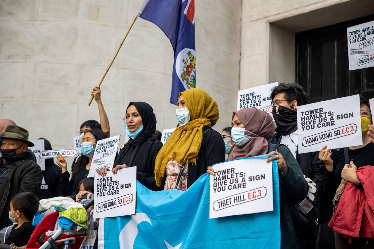 Protesters from the London Uyghurs, Tibetans and Hongkongers communities gathered outside the proposed relocation site of the Chinese Embassy in London