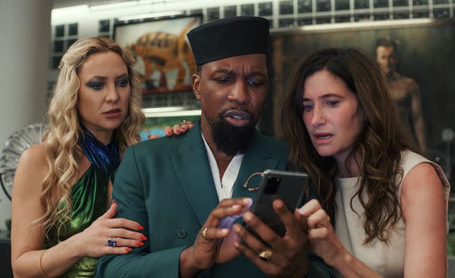 Courtesy NETFLIX Kate Hudson, Leslie Odom Jr. and Kathryn Hahn in 'Glass Onion: A Knives Out Mystery,' 2022