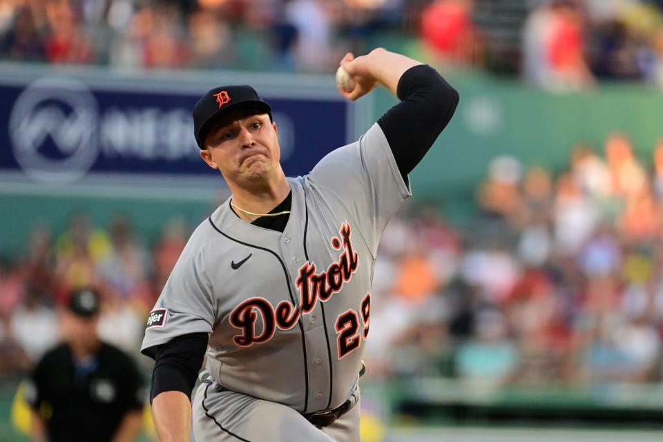 Detroit Tigers starting pitcher Tarik Skubal (29) pitches against the Boston Red Sox during the first inning at Fenway Park in Boston on Friday, Aug. 11, 2023.