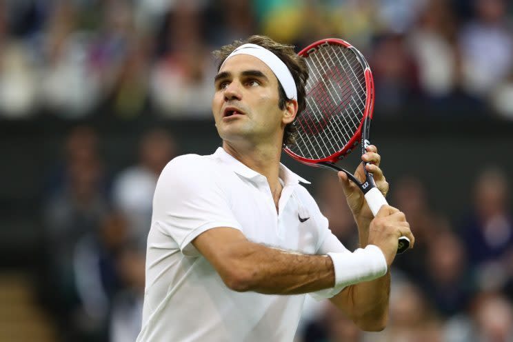 <p>Roger Federer of Switzerland looks on during the Men’s Singles second round match against Marcus Willis of Great Britain on day three of the Wimbledon Lawn Tennis Championships at the All England Lawn Tennis and Croquet Club on June 29, 2016 in London, England. (Photo by Julian Finney/Getty Images)</p>