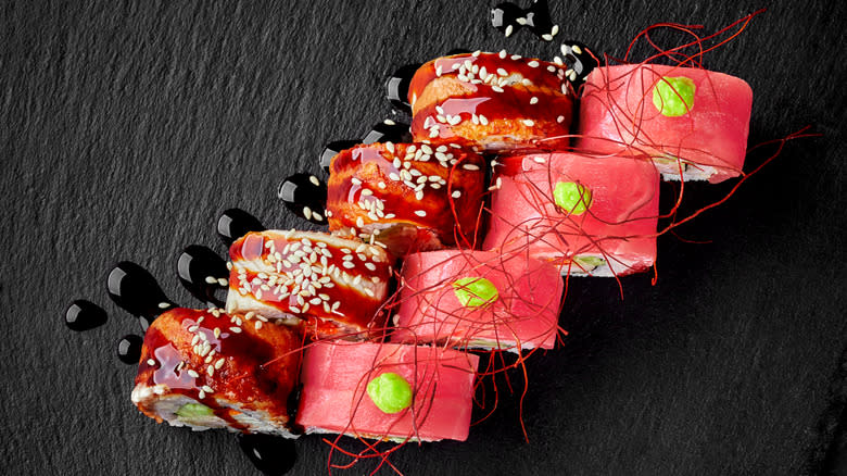 sushi with togarashi threads on top