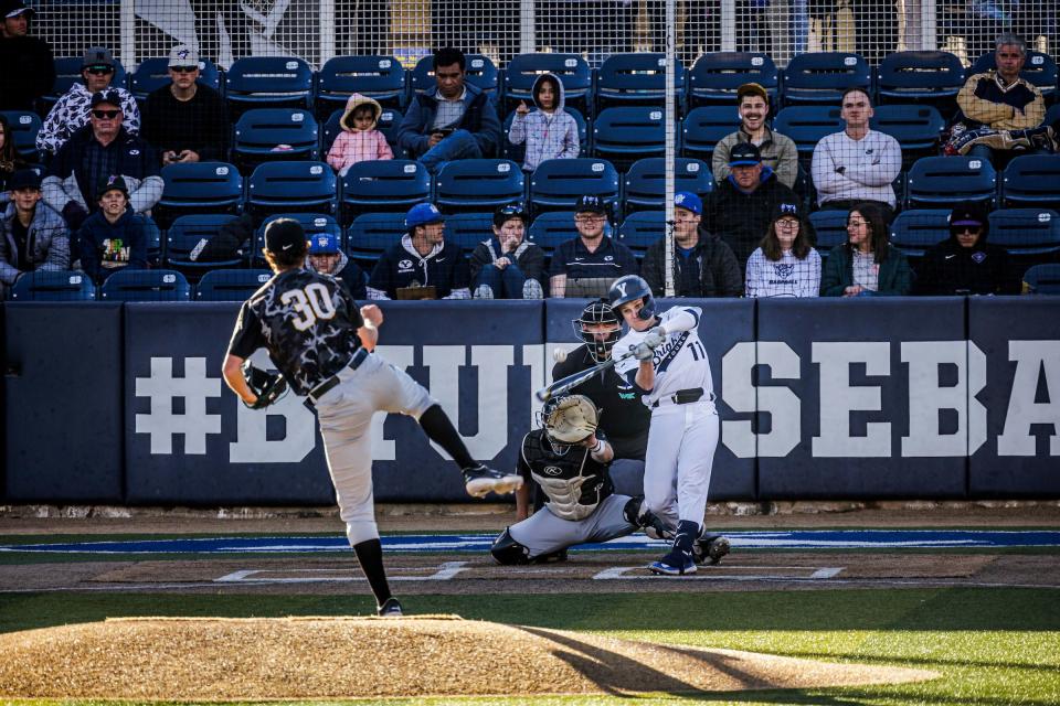 BYU’s Luke Anderson takes a cut during game at Miller Park in Provo. The former Snow Canyon High outfielder has made the switch to second base and has performed admirably this season for the Cougars. | Nate Edwards, BYU Photo