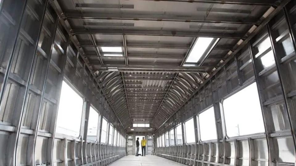 The shell of the first passenger train coach car that will carry passengers on All Aboard Florida’s Brightline rail service at Siemens’ manufacturing facility in Sacramento, California.