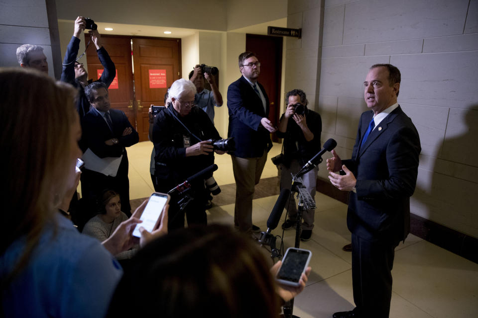 Rep. Adam Schiff, D-Calif., Chairman of the House Intelligence Committee, speaks to reporters about the ongoing House impeachment inquiry into President Donald Trump on Capitol Hill in Washington, Monday, Nov. 4, 2019. (AP Photo/Andrew Harnik)