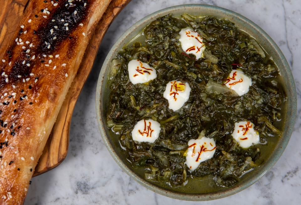 Enticing: Chard and spinach borani with bazaar bread (Adrian Lourie)