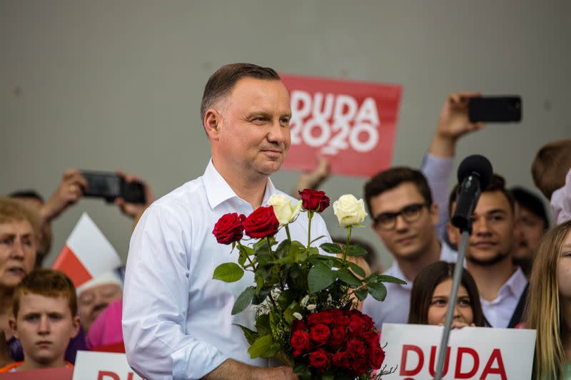 Polish President Andrzej Duda smiles during his election rally in Kwidzyn