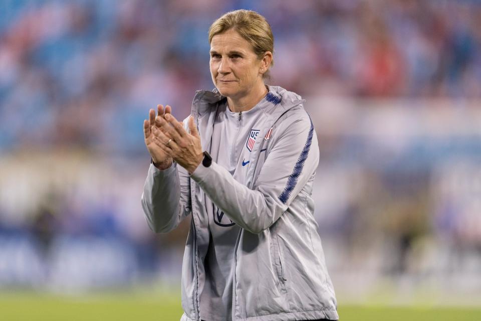 CHARLOTTE, NC - OCTOBER 03: Jill Ellis of the United States watches her team during a game between Korea Republic and USWNT at Bank of America Stadium on October 3, 2019 in Charlotte, North Carolina. (Photo by Brad Smith/ISI Photos/Getty Images).