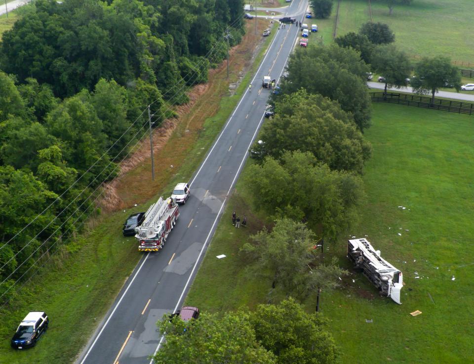 At least eight people were killed when a bus carrying dozens of laborers crashed and overturned in Marion County, Florida, officials said. The workers were on their way to a watermelon farm, officials on the scene said.