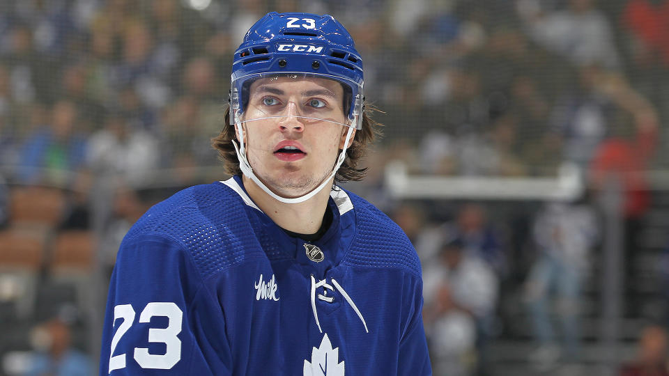 Toronto Maple Leafs forward Matthew Knies was ruled out of Game 2 after the first period. (Photo by Claus Andersen/Getty Images)