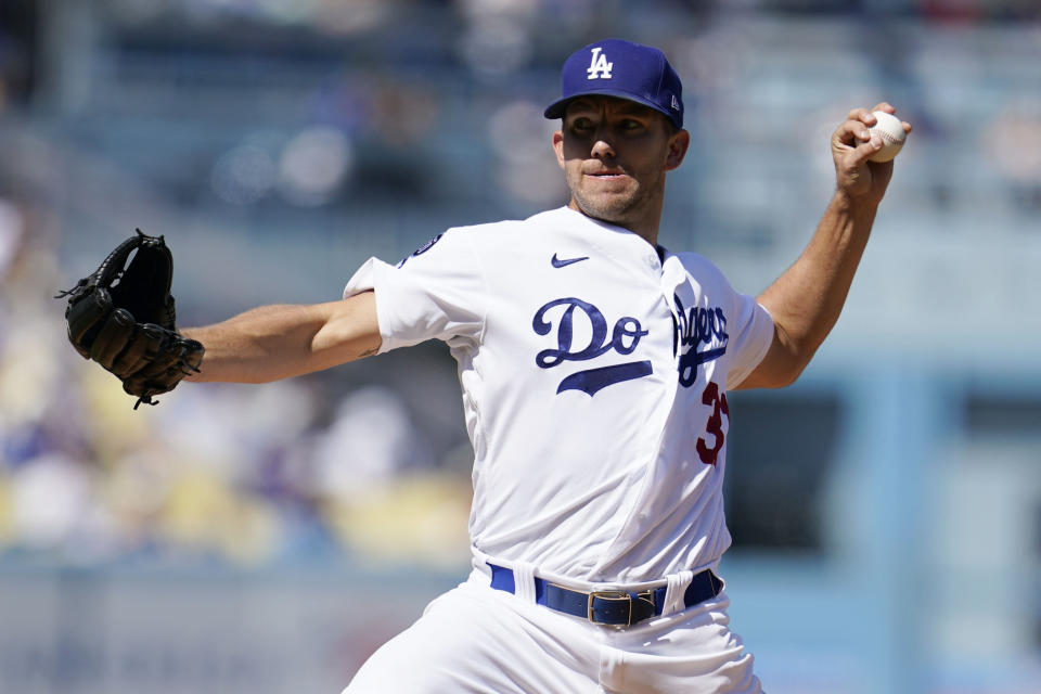 Los Angeles Dodgers starting pitcher Tyler Anderson throws to a Colorado Rockies batter during the second inning of a baseball game Sunday, Oct. 2, 2022, in Los Angeles. (AP Photo/Marcio Jose Sanchez)