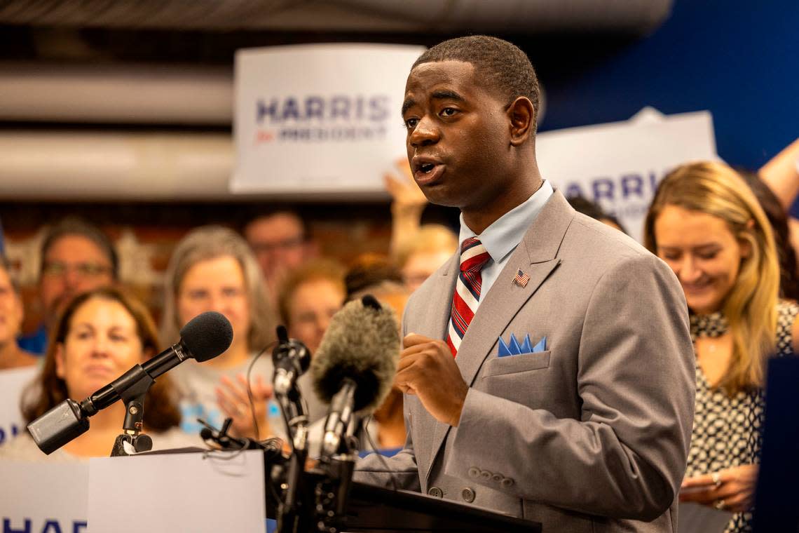 Devin Freeman, a senior at North Carolina Central University and delegate at this year’s Democratic National Convention, speaks during a rally in support of Vice President Kamala Harris’s presidential campaign in Raleigh on Thursday, July 25, 2024.