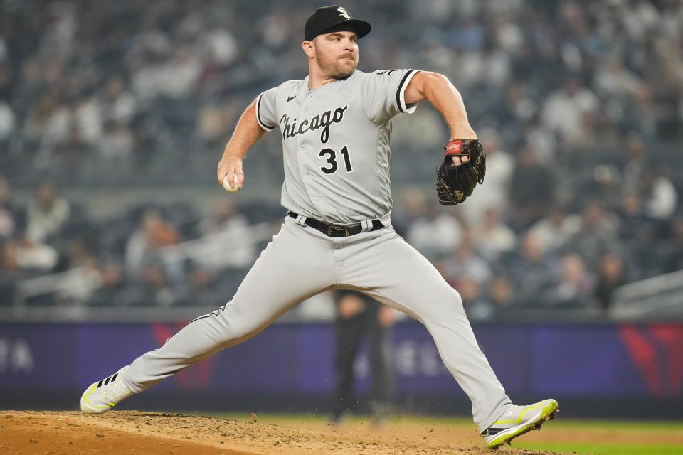 FILE - Chicago White Sox's Liam Hendriks (31) pitches during the ninth inning of a baseball game against the New York Yankees, June 6, 2023, in New York. Hendriks, who battled non-Hodgkin's lymphoma, will receive the Jimmy V Award for Perseverance at The ESPYS on July 12, 2023. (AP Photo/Frank Franklin II, File)