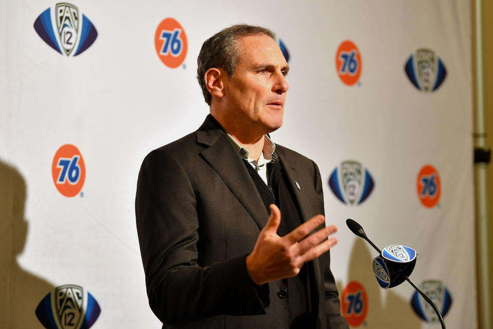 SANTA CLARA, CALIFORNIA - DECEMBER 06: Pac-12 Commissioner Larry Scott at the pre-game press conference before the Pac-12 Championship football game between the Oregon Ducks and the Utah Utes at Levi's Stadium on December 6, 2019 in Santa Clara, California. The Oregon Ducks won 37-15. (Alika Jenner/Getty Images)