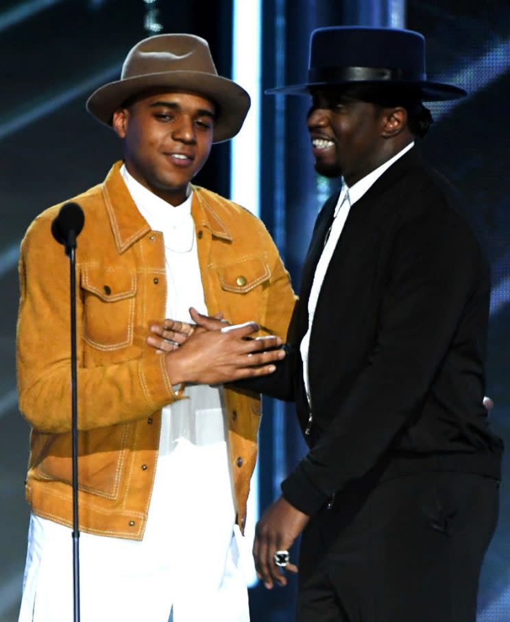 LAS VEGAS, NV – MAY 21: Actor Christopher Jordan Wallace (L) and recording artist Sean ‘Diddy’ Combs speak onstage during the 2017 Billboard Music Awards at T-Mobile Arena on May 21, 2017 in Las Vegas, Nevada. (Photo by Ethan Miller/Getty Images)