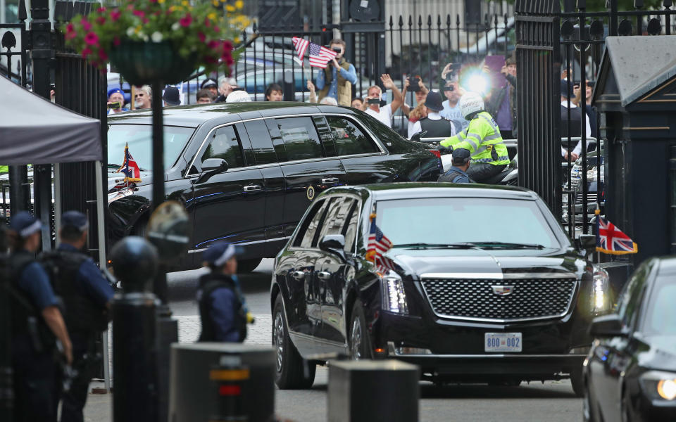 The motorcade with US President Donald Trump's limousine, nicknamed "The Beast" arrives in Downing Street, London, on the second day of his state visit to the UK.