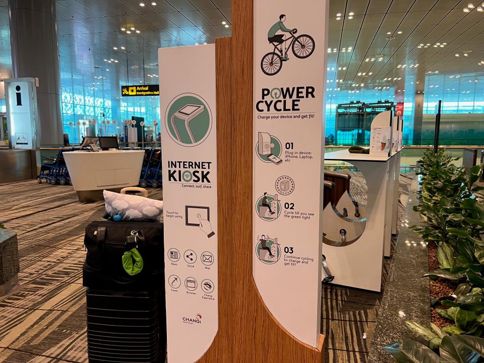 The power cycle in Changi's terminal 3, which is a stationary bike that charges cell phones.