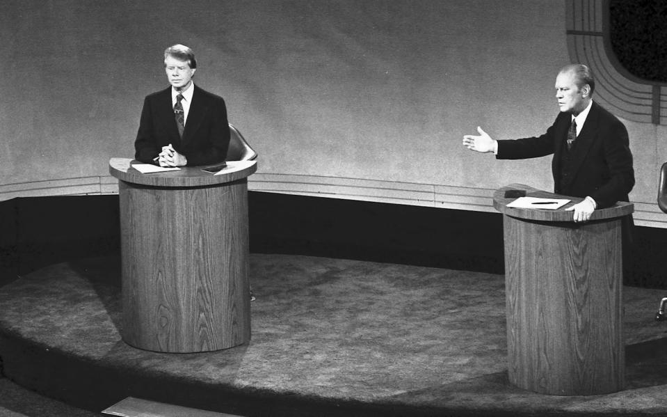 Jimmy Carter and Gerald Ford in a televised presidential debate during the 1976 election. Carter beat Ford and became 39th president. <a href="https://www.gettyimages.com/detail/news-photo/james-jimmy-carter-and-gerald-ford-taking-part-in-the-first-news-photo/113494342?adppopup=true" rel="nofollow noopener" target="_blank" data-ylk="slk:Universal History Archive/Getty Images;elm:context_link;itc:0;sec:content-canvas" class="link ">Universal History Archive/Getty Images</a>