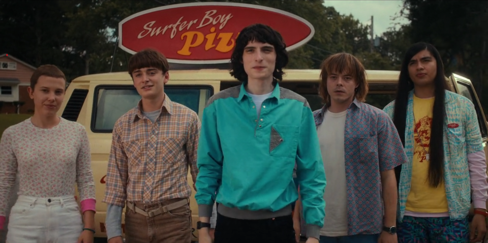 From left to right: Millie Bobby Brown, Noah Schnapp, Finn Wolfhard, Charlie Heaton, and Eduardo Franco in Stranger Things