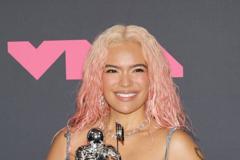 Karol G recruited Young Miko for her music video for "Contigo," her new single with Tiësto. File Photo by Jason Szenes/UPI