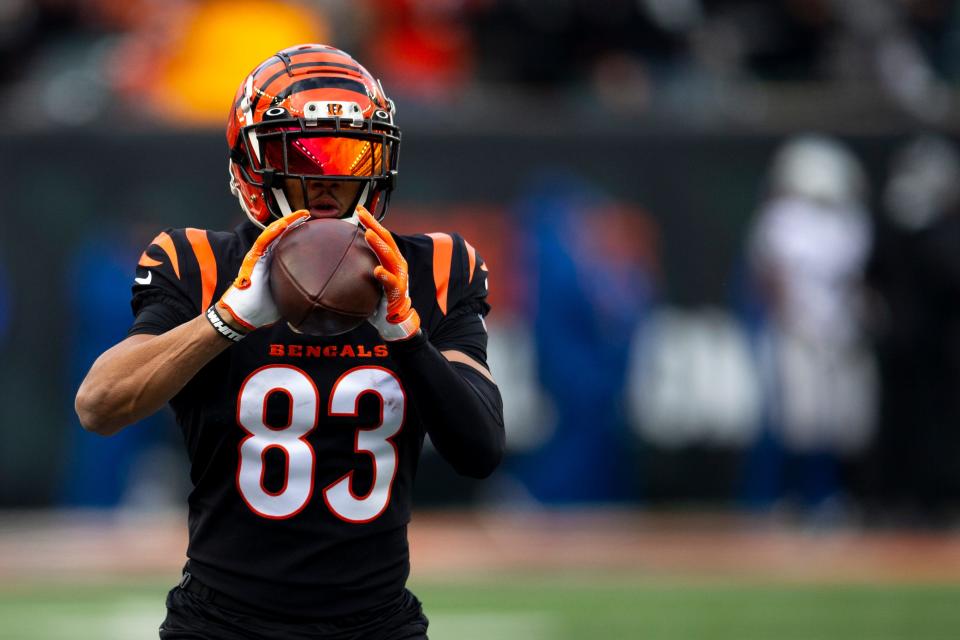 Cincinnati Bengals wide receiver Tyler Boyd (83) catches a pass before the AFC wild card game between the Cincinnati Bengals and the Las Vegas Raiders on Saturday, Jan. 15, 2022, at Paul Brown Stadium in Cincinnati. 