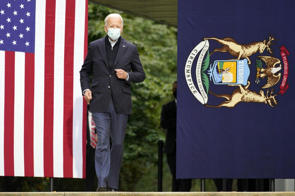 Democratic presidential candidate former Vice President Joe Biden arrives to speak at United Food & Commercial Workers Union Local 951 in Grand Rapids, Mich., Friday, Oct. 2, 2020. (AP Photo/Andrew Harnik)