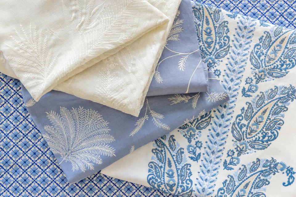 Maelle Emb in Ivory and Blue, Yara Paisley Emb in Sky and Ines Emb in Blue by Brunschwig & Fils