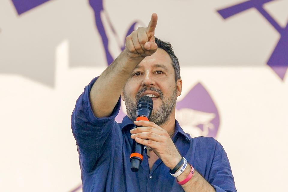 FILE - The League party leader Matteo Salvini delivers his speech during the annual rally of The League party in Pontida, northern Italy, Sunday, Sept. 18, 2022. The 49-year-old League party leader had been the unchallenged face of right-wing leadership in Italy until Giorgia Meloni's far-right party took off. Italy will elect a new Parliament on Sept. 25. (AP Photo/Antonio Calanni, File)