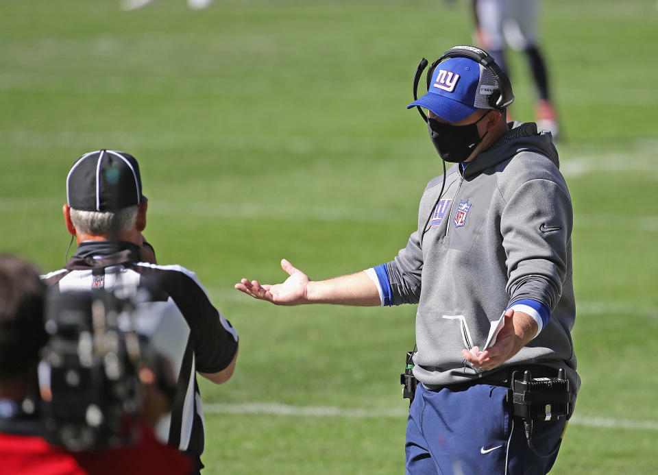 CHICAGO, ILLINOIS - SEPTEMBER 20: Head coach Joe Judge of the New York Giants complains to a referee during a game against the Chicago Bears at Soldier Field on September 20, 2020 in Chicago, Illinois. The Bears defeated the Giants 17-13. (Photo by Jonathan Daniel/Getty Images)